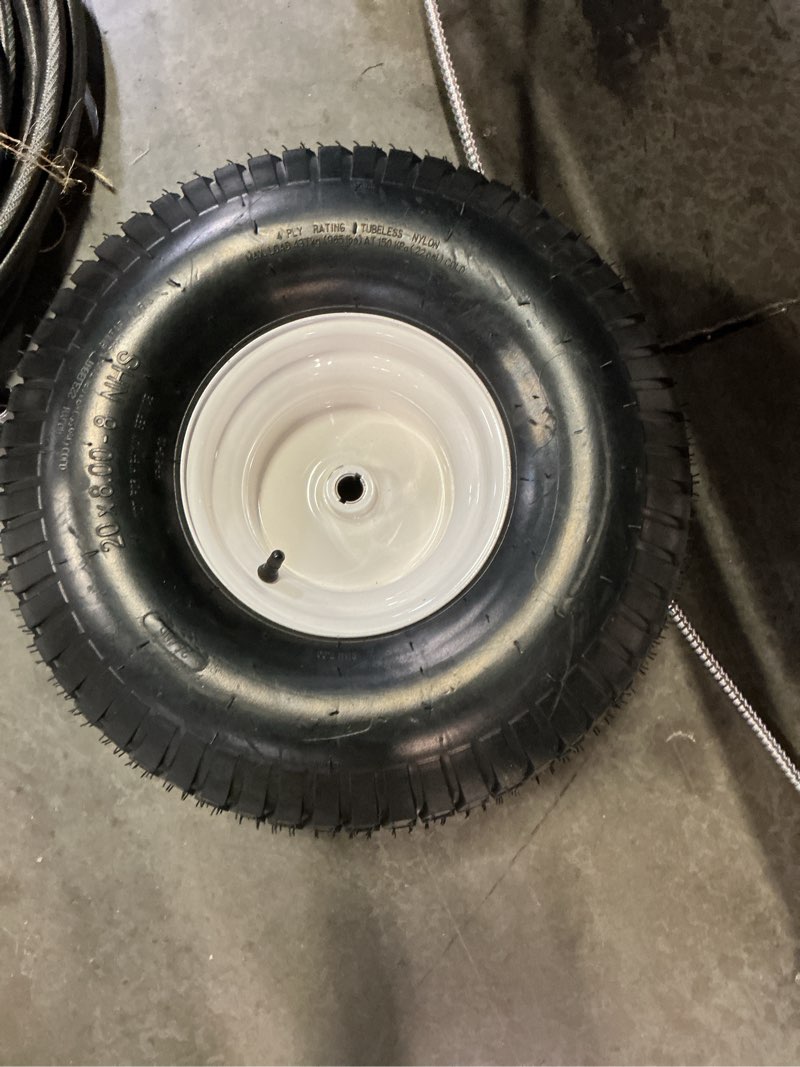 Condition photo showing As Is for sunbelt 20-in x 8-in turf tire with white rim for riding mower/tractor 6592525