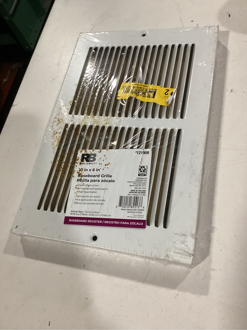 Condition photo showing Good Condition for reliabilt 10-in x 6-in steel white baseboard grille (outside width- 11.75-in)
