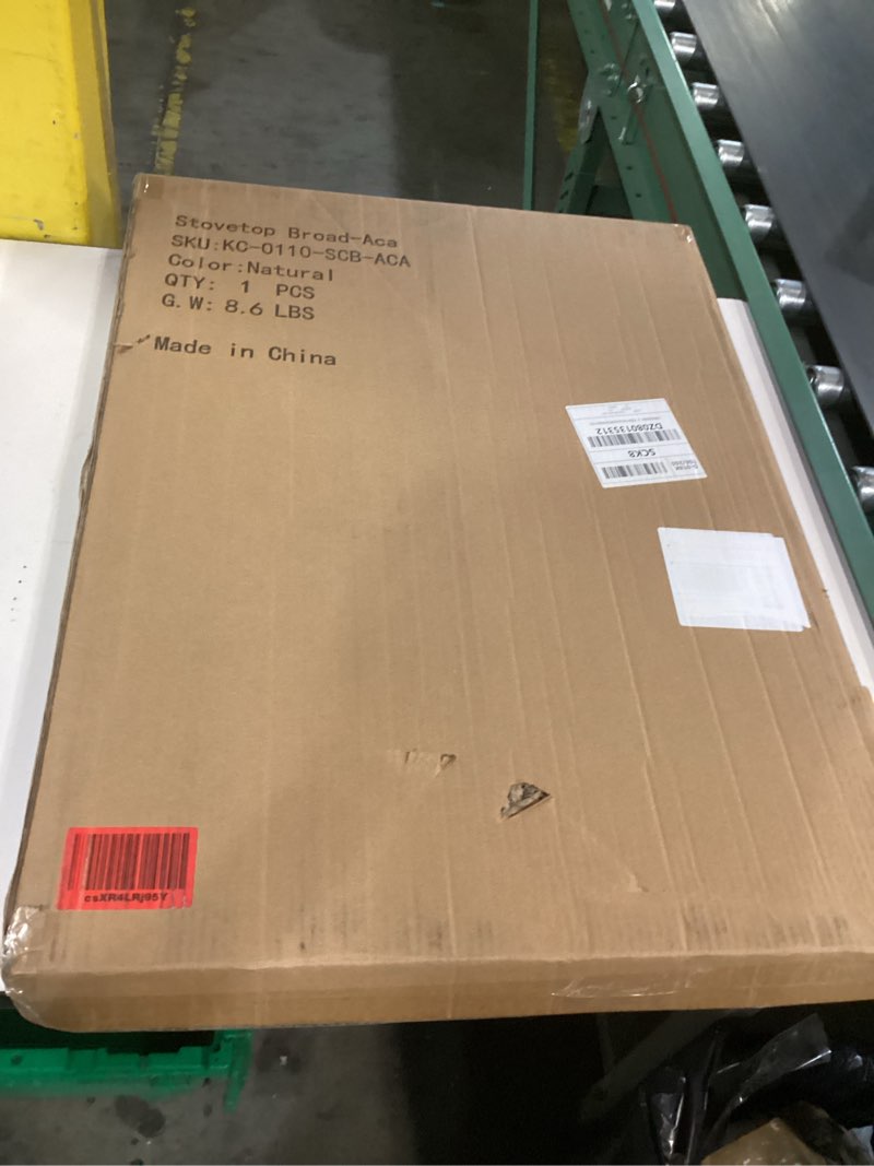 Condition photo showing New/Like New for acacia wood stove cover for gas & electric burners, 28.82”x20.83”x2.12'' (inner) noodle board with handles, cutting board with juice groove, serving tray (natural acacia)