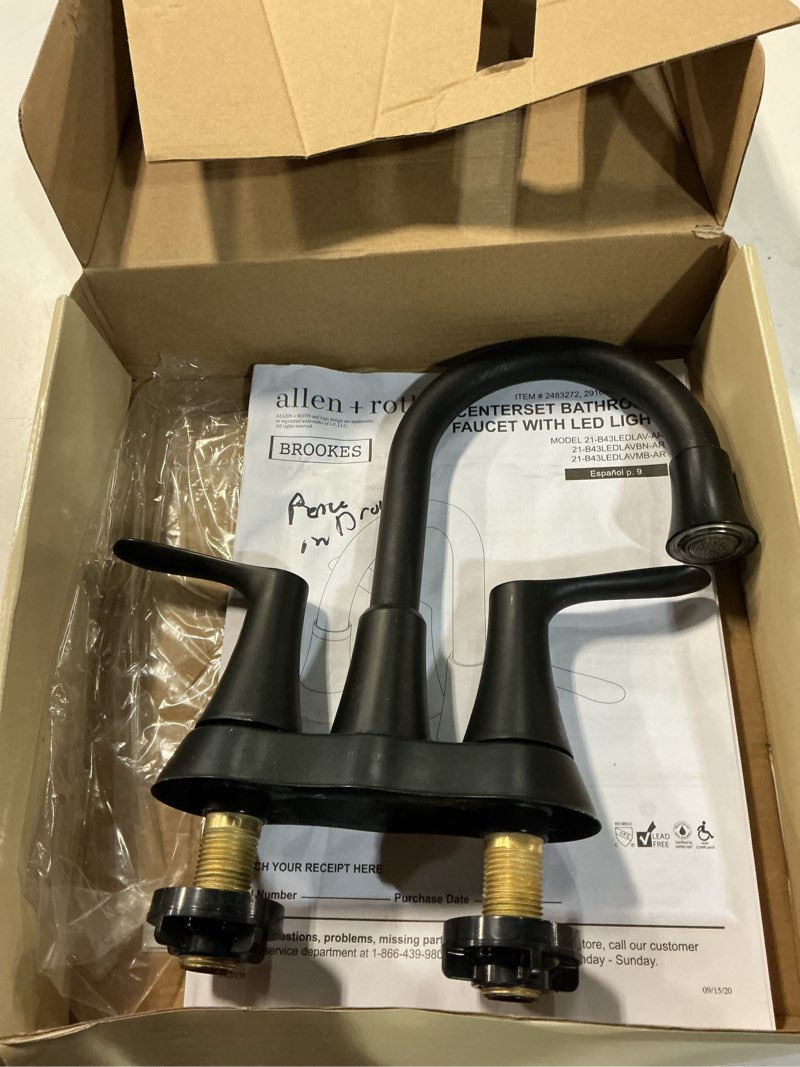 Condition photo showing As Is for allen + roth brookes matte black 4-in centerset 2-handle watersense high-arc residential handle bathroom sink faucet with drain