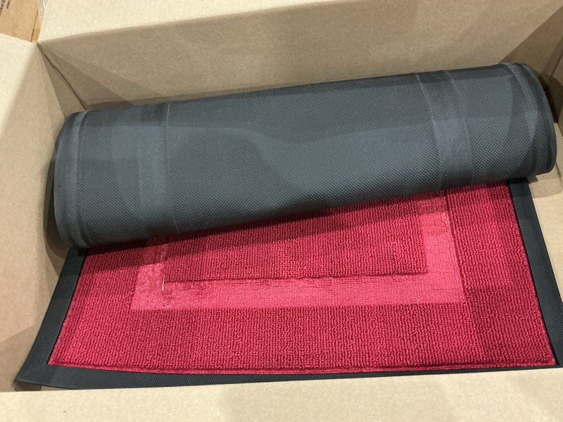 Condition photo showing Good Condition for olanly front door mat indoor outdoor entrance, waterproof all-season, all-weather doormat, sturdy natural rubber, low profile, easy clean patio porch entryway mat, 35x23, burgundy burgundy geometric rectangular 35" x 23"