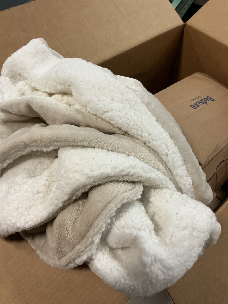Condition photo showing As Is for Bedsure GentleSoft Sherpa Fleece Blankets Queen Size for Bed - Thick and Warm, Soft Fuzzy Plush Queen Blanket for Winter, Linen, 90x90 Inches 05 - Linen Queen (90" x 90")