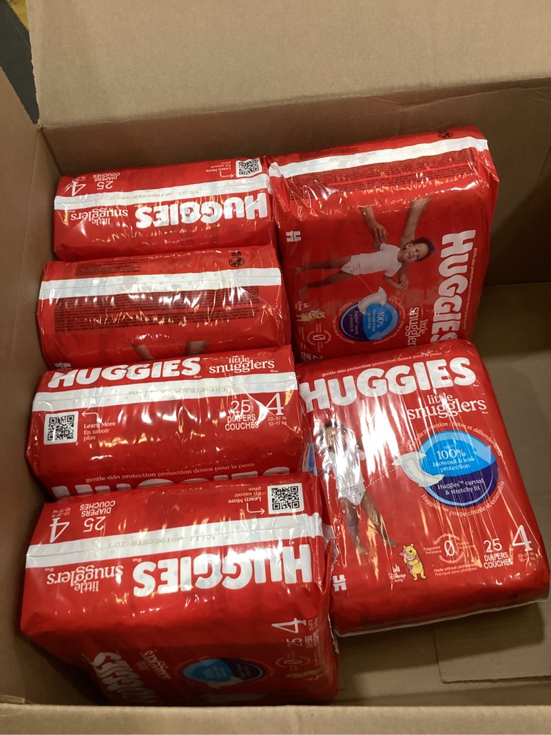 Condition photo showing Good Condition for huggies size 4 diapers, little movers baby diapers, size 4 (22-37 lbs), 150 count (6 packs of 25), packaging may vary size 4 150