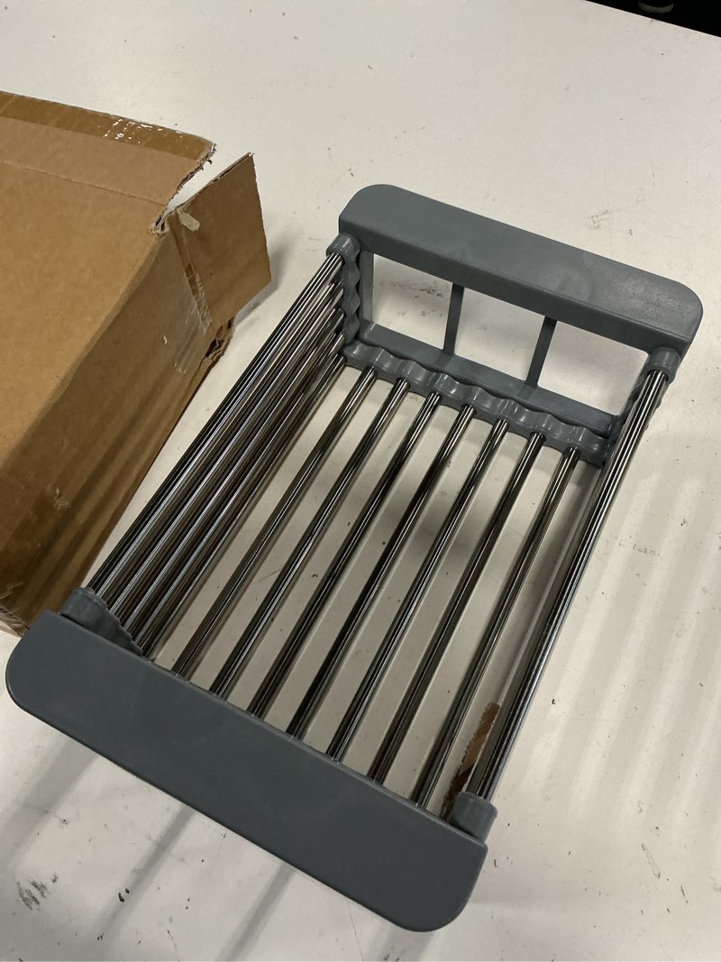 Condition photo showing New/Like New for extendable dish drying rack, over the sink drying rack, kitchen drainage tray and fruit drain rustproof stainless steel-gray