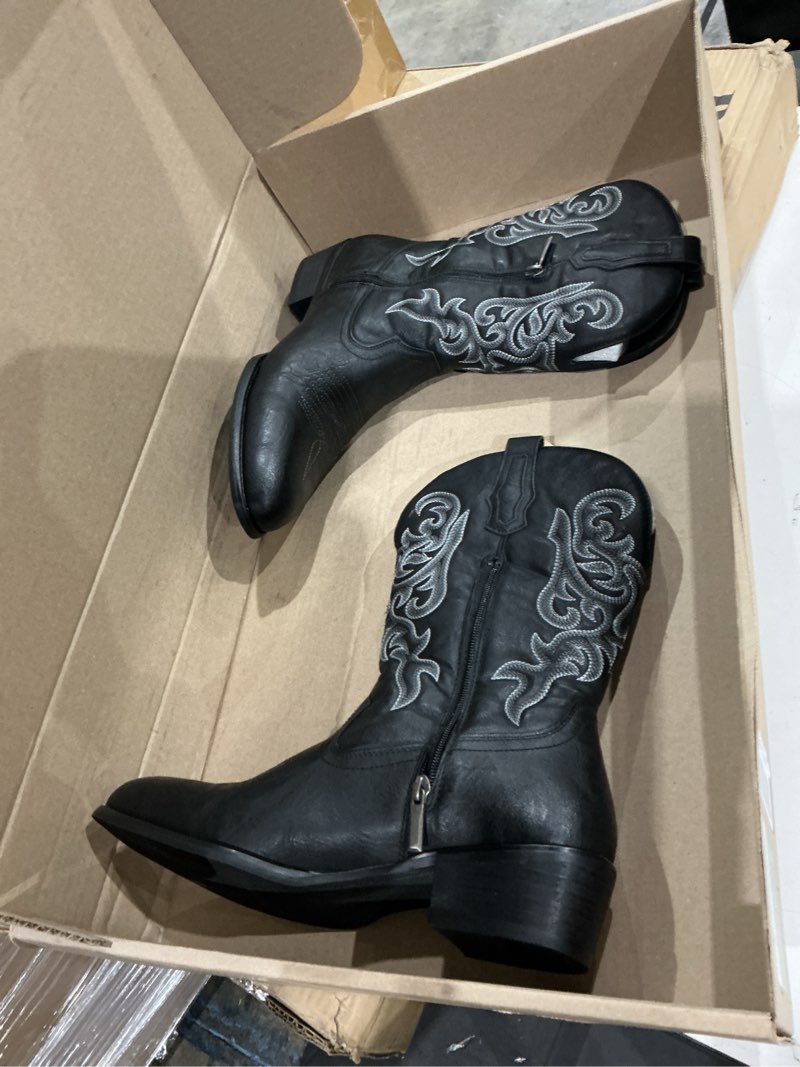 Condition photo showing New/Like New for jousen cowboy boots for men round toe western slip resistant pull on boot retro short botas 10 black