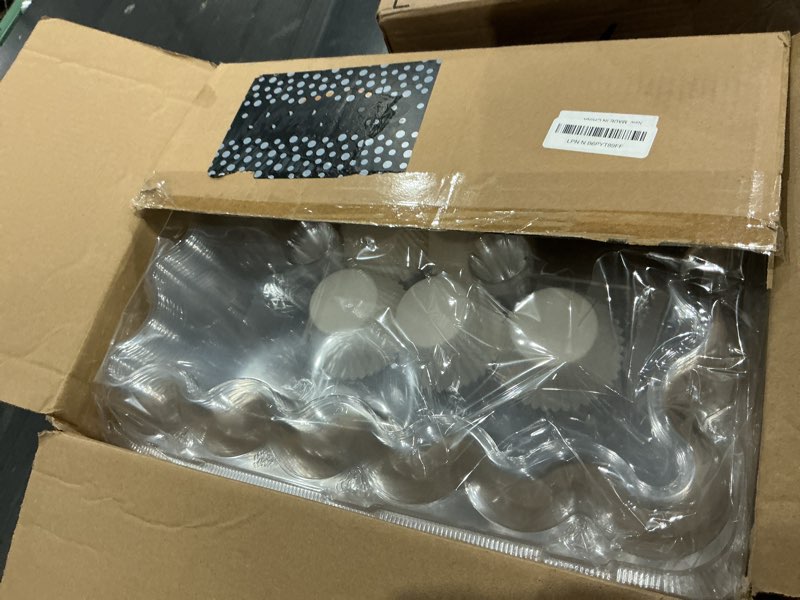 Condition photo showing New/Like New for (24 pack x 10 sets) stackable cupcake carrier holders with 240 pack cupcake liners, plastic cupcake boxes holders for 24 cupcakes, high tall dome lid cupcake containers, clear cupcake trays