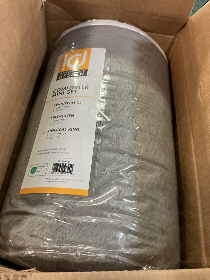 Condition photo showing New/Like New for intelligent design malea shaggy comforter set, long faux fur cozy down alternative, modern casual ultra soft all season fluffy bedding with matching sham, king/cal king, grey 3 piece king/cal king solid grey