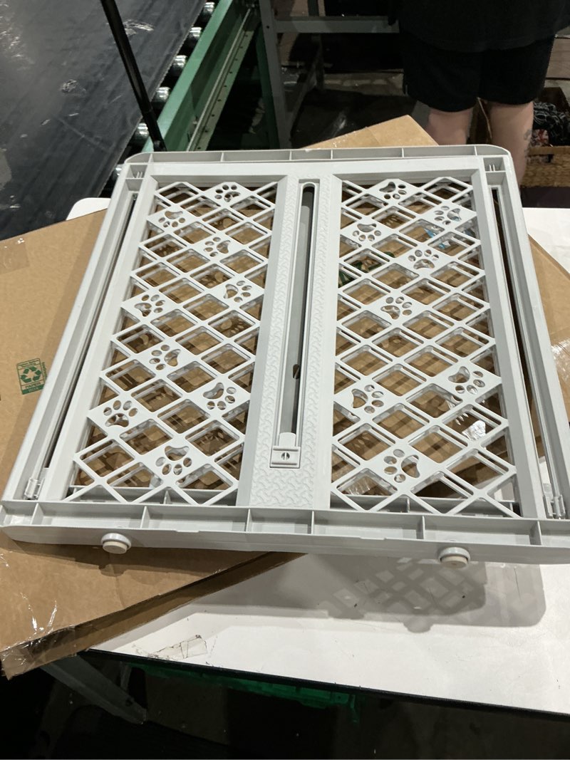 Condition photo showing As Is for mypet north states paws portable pet gate: 26-40" wide. pressure mount. no tools needed. made in usa. dog gate 23" tall, expandable, durable dog gates for doorways, light gray