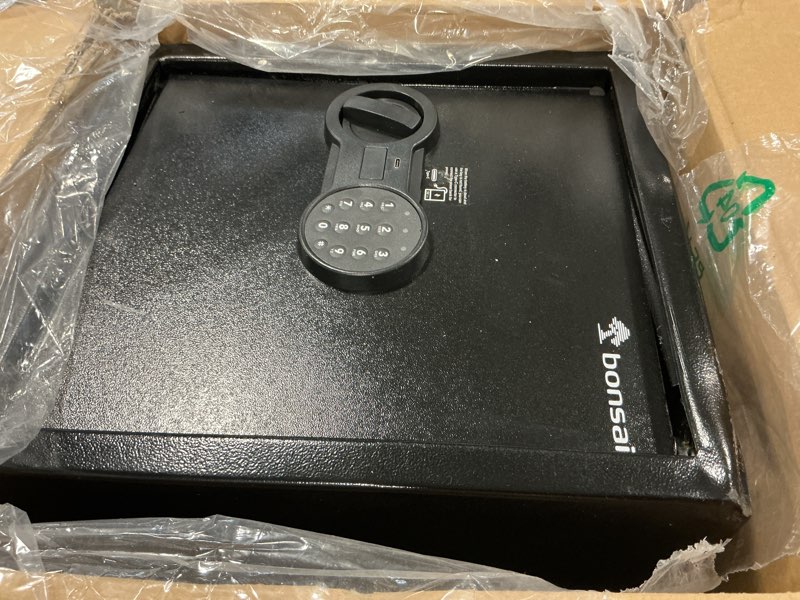 Condition photo showing As Is for Bonsaii Steel Safe Box with Digital Keypad Lock, 1.2 Cubic Feet Security Document Safe with Removable Shelf for Home, Hotel, Office, Valuables, Money, 12.99 x 14.17 x 12.99 Inches 1.20 cu.ft.