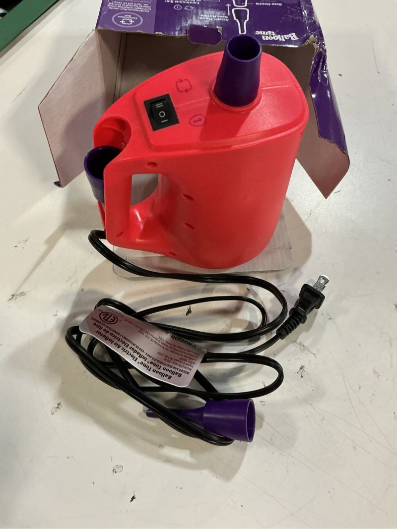 Condition photo showing As Is for balloon time electric air inflator for balloons, party decor, pool floats & air mattresses, dual nozzle portable pump