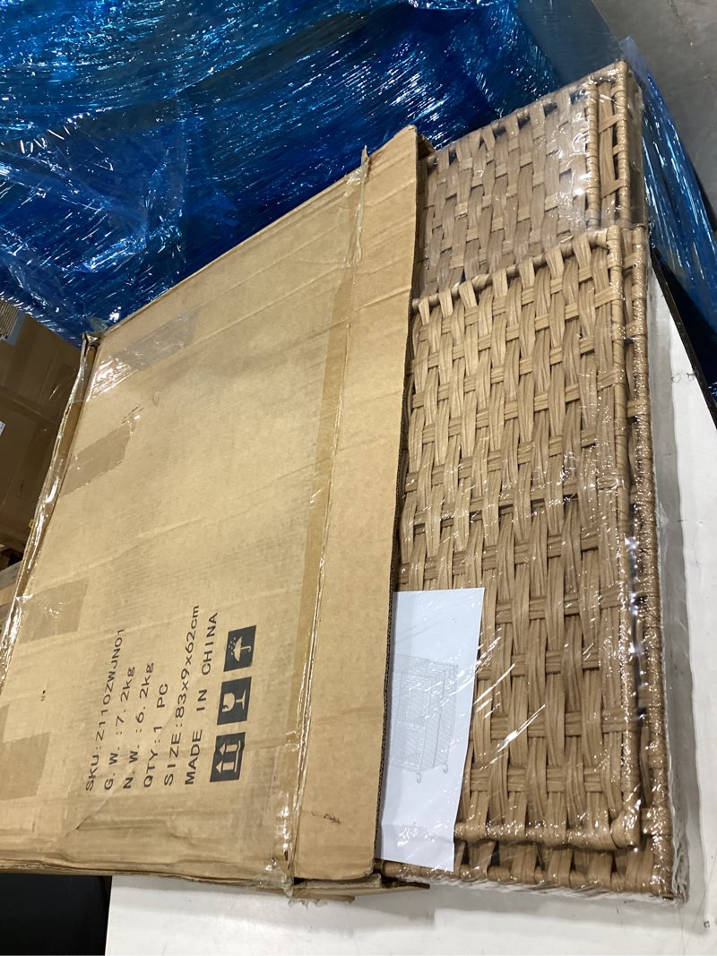 Condition photo showing New/Like New for laundry hamper with wheels, 42.3 gal.(160 l) laundry sorter with shelves, rattan clothes hamper with 4 removable liners & 3 mesh bags, handwoven organizer for bedroom, bathroom, laundry room, brown 31.5"l x 13"w x 23.62"h brown