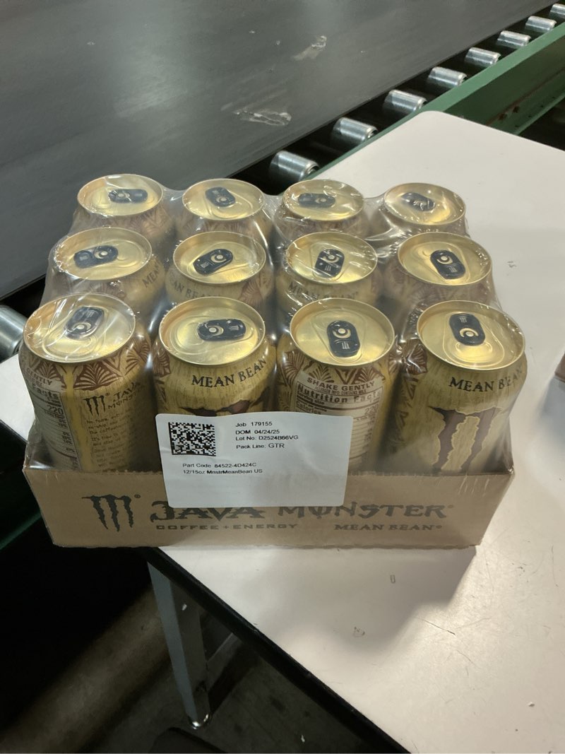 Condition photo showing New/Like New for ((04/24/25))(12 cans) java monster mean bean  coffee + energy drink  15 fl oz
