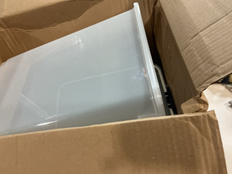 Condition photo showing As Is for amazon basics airtight dog food storage container with scoop and wheels, 69 qt