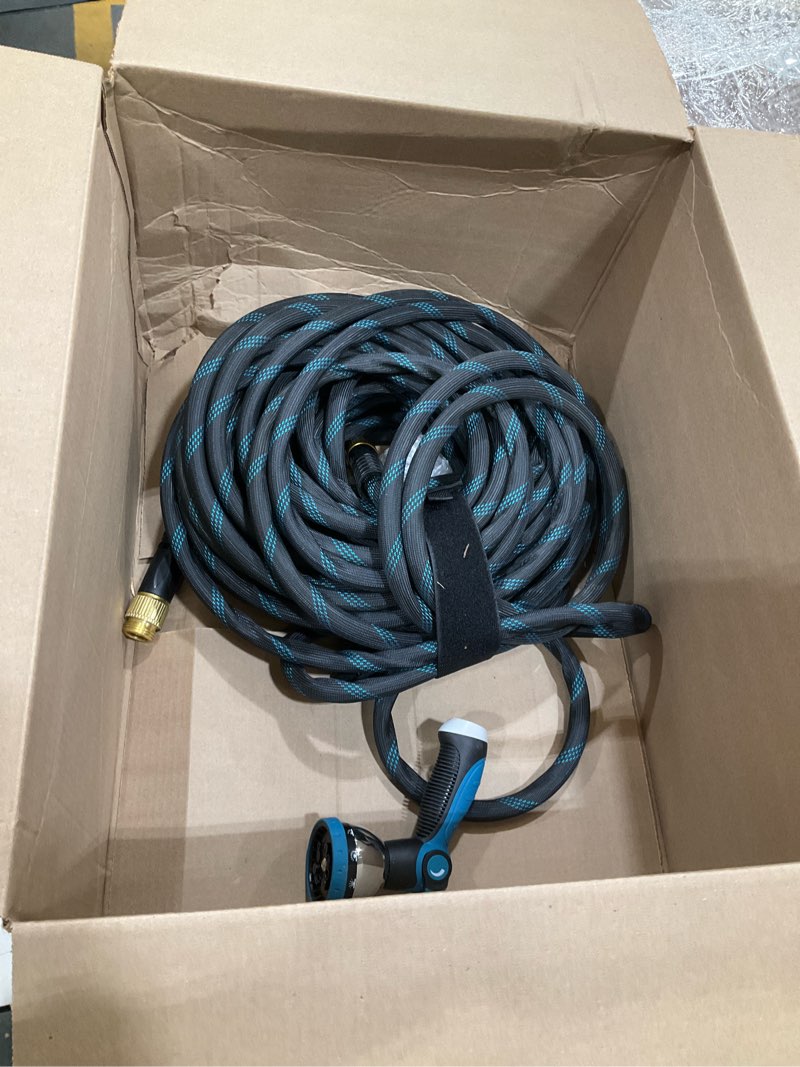 Condition photo showing Good Condition for non-expanding garden hose 100 ft, kink free flexible water hose with 10-pattern spray nozzle, lightweight hose pipe, leak proof, 3/4" swivel connectors, super fabric, portable storage strap