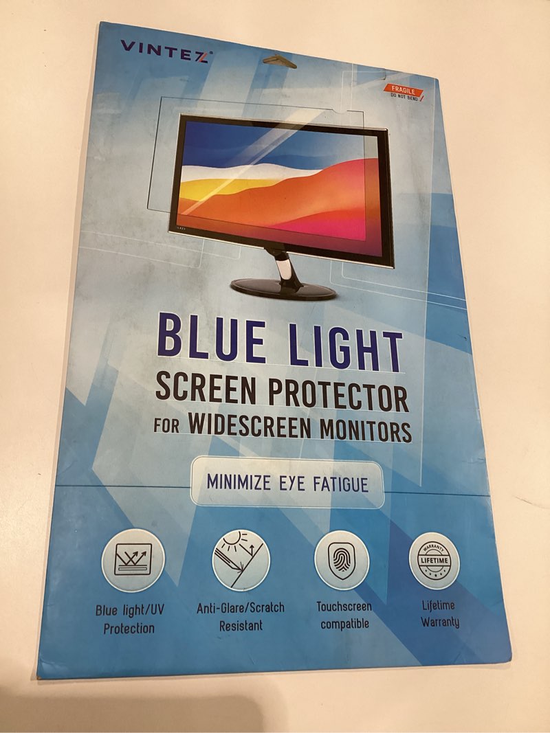 Condition photo showing New/Like New for VINTEZ 24 inch Blue Light Blocking Screen Protector Panel for 16:10 Widescreen Computer Monitor and Laptop - PC Anti-UV Eye Protection Filter Film - Anti-Scratch Diagonal Frame Shield [1 Pack] [1 Pack] 24" DIAGONAL (16:10) Blue Screen for Monitor