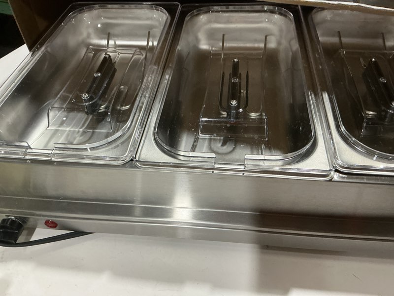 Condition photo showing As Is for Proctor Silex Buffet Server & Food Warmer, Adjustable Heat, for Parties, Holidays and Entertaining, Three 2.5 Quart Oven-Safe Chafing Dish Set, Stainless Steel