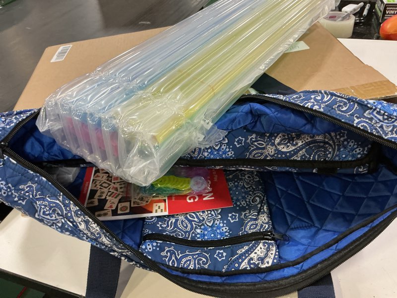 Condition photo showing Good Condition for american mahjong game set, 166 quality white tiles, 4 all-in-one color rack/pushers, mahjong tile set with blue printed carrying bag