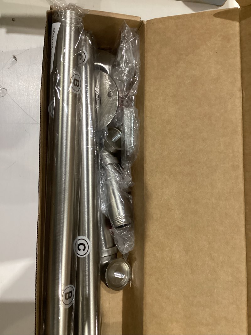 Condition photo showing As Is for zeerobee curtain rods for windows 32 to 48, 1 inch industrial wrap around brushed nickel curtain rod, indoor/outdoor room divider adjustable drapery pole, 32"-48" 32" to 48" brushed nickel