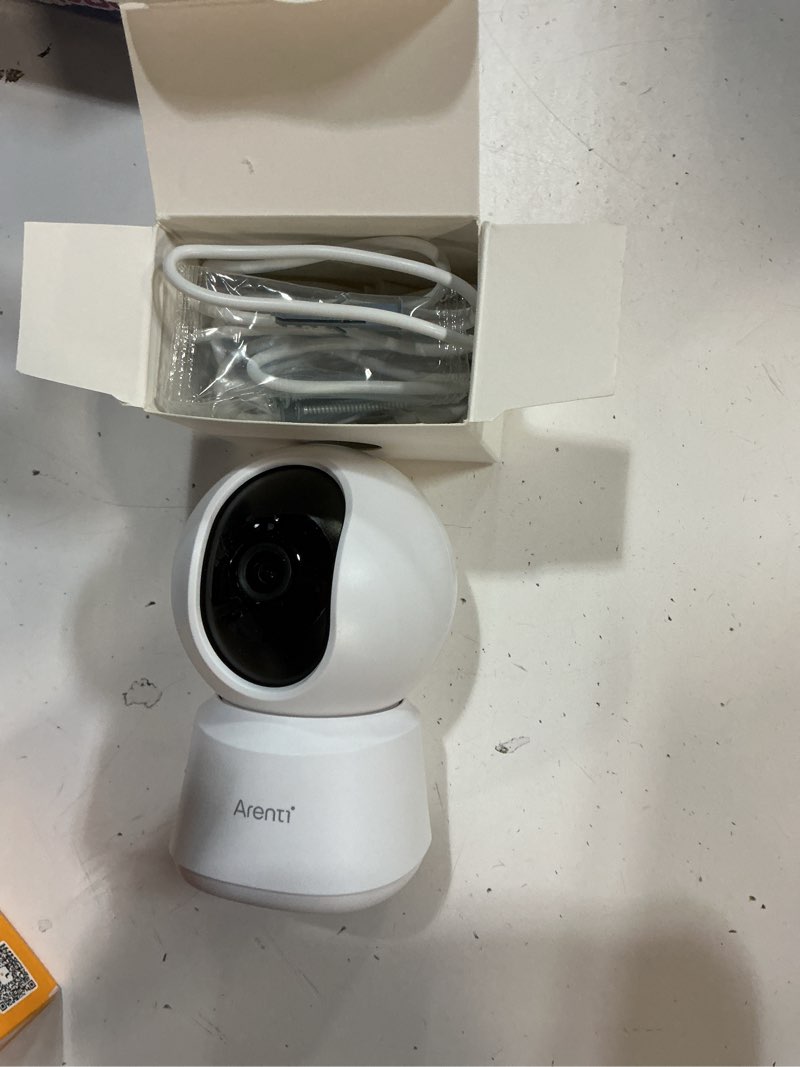 Condition photo showing As Is for arenti 5g indoor security camera, 4mp pet camera with speaker for dog/cat, baby monitor with phone app, dual-band wifi, auto tracking, super night vision, 2-way talk, cloud & sd card storage(p2q) beige