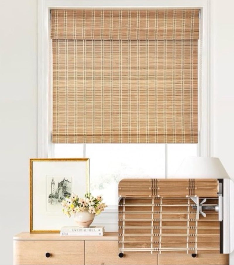 no tools no drill cordless bamboo roman shades, light filtering window treatment, roll up bamboo blinds for windows, brown