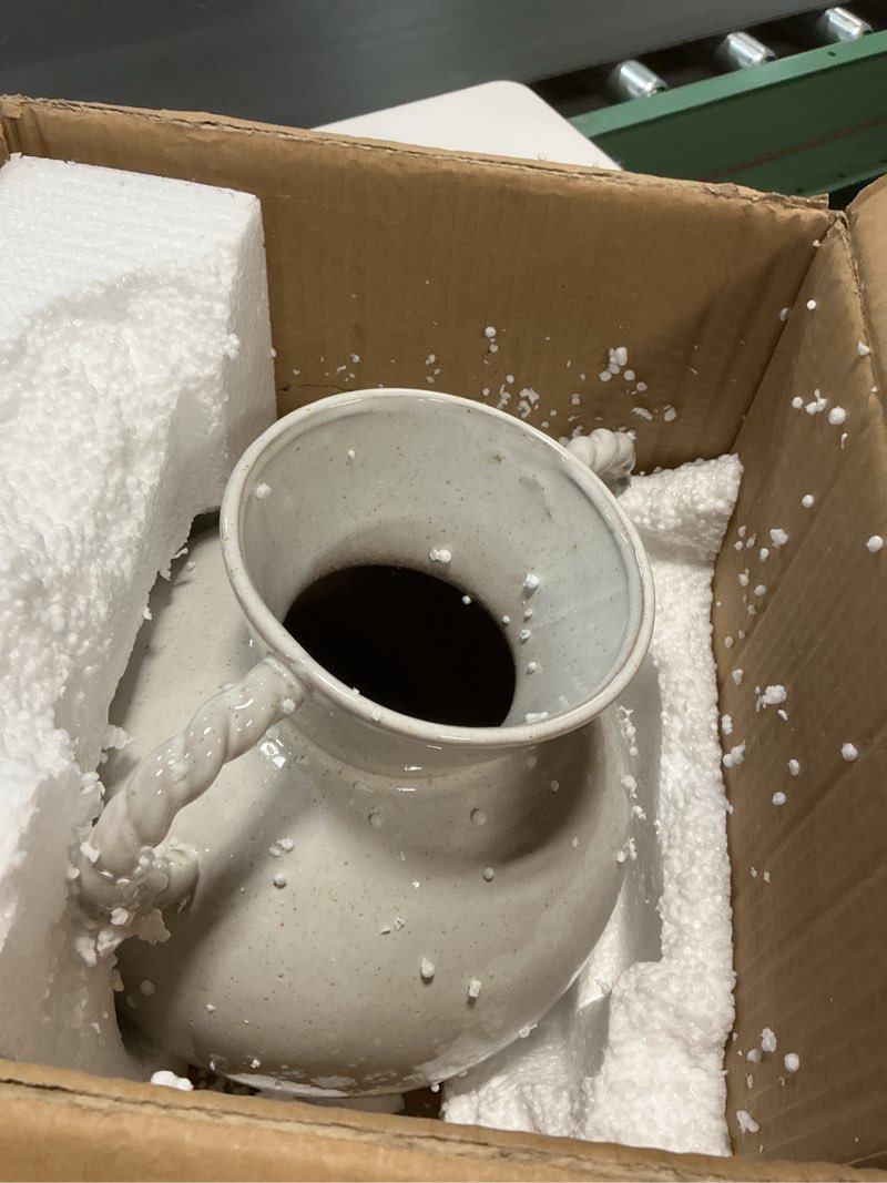 Condition photo showing Good Condition for 9.25 Inches Stoneware Vase with Twisted Handles and Reactive Glaze, Cream Color