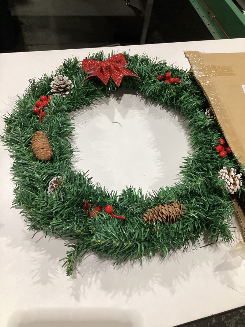 Condition photo showing Good Condition for 24 Inch Christmas Wreath for Front Door - Farmhouse Holiday Decor for Indoors and Outdoors, No Light