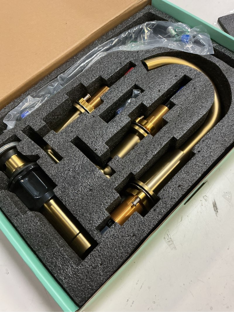 Condition photo showing Good Condition for forious brushed gold bathroom faucet 3 hole, 2 handle 8 inch widespread gold sink faucet bathroom vanity with 360 degree swivel spout, with pop up drain and cupc supply line, for 6 to 12 in sink modern brushed gold