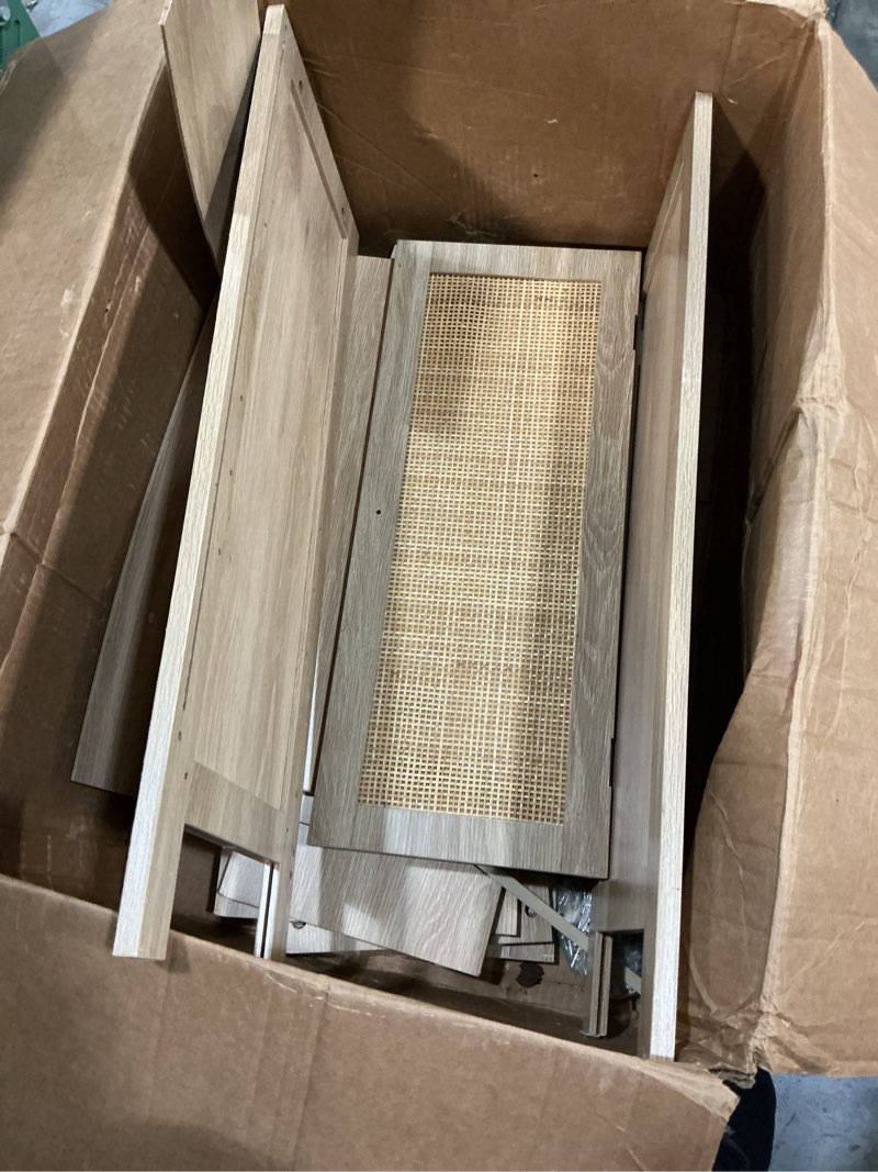 Condition photo showing As Is for madison boho coastal rattan wicker woven tv stand & 2 end table set