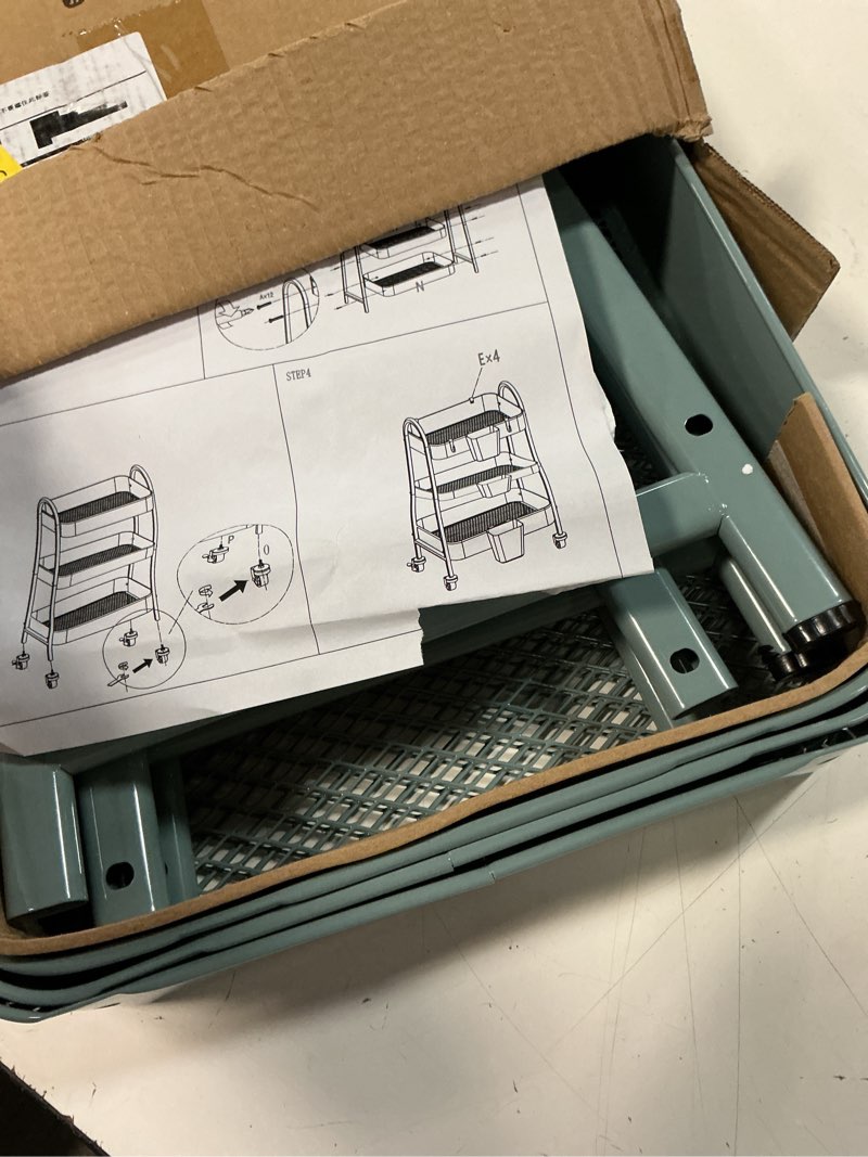 Condition photo showing As Is for danpinera 3-tier rolling cart, utility cart mobile metal rolling storage cart with lockable wheels & hanging cups & hooks for kitchen, bathroom, office, workshop, gray blue gray blue normal