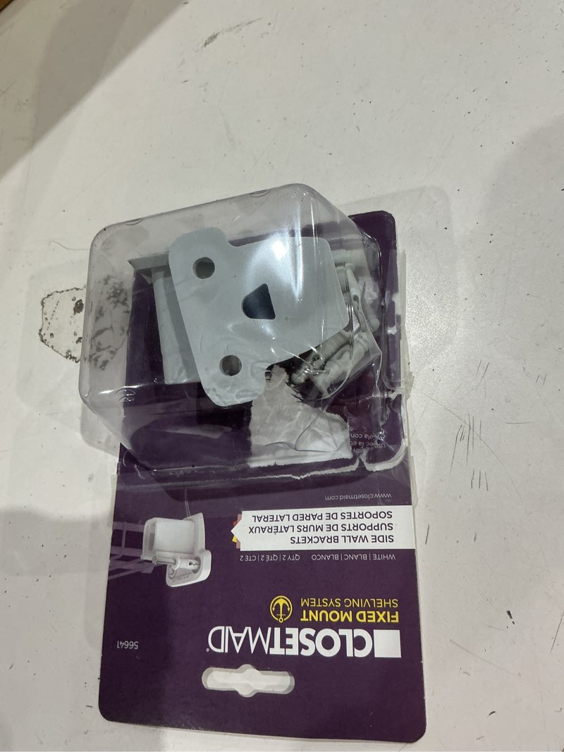 Condition photo showing As Is for closetmaid 2-pack white resin fixed mount wire closet hardware bracket