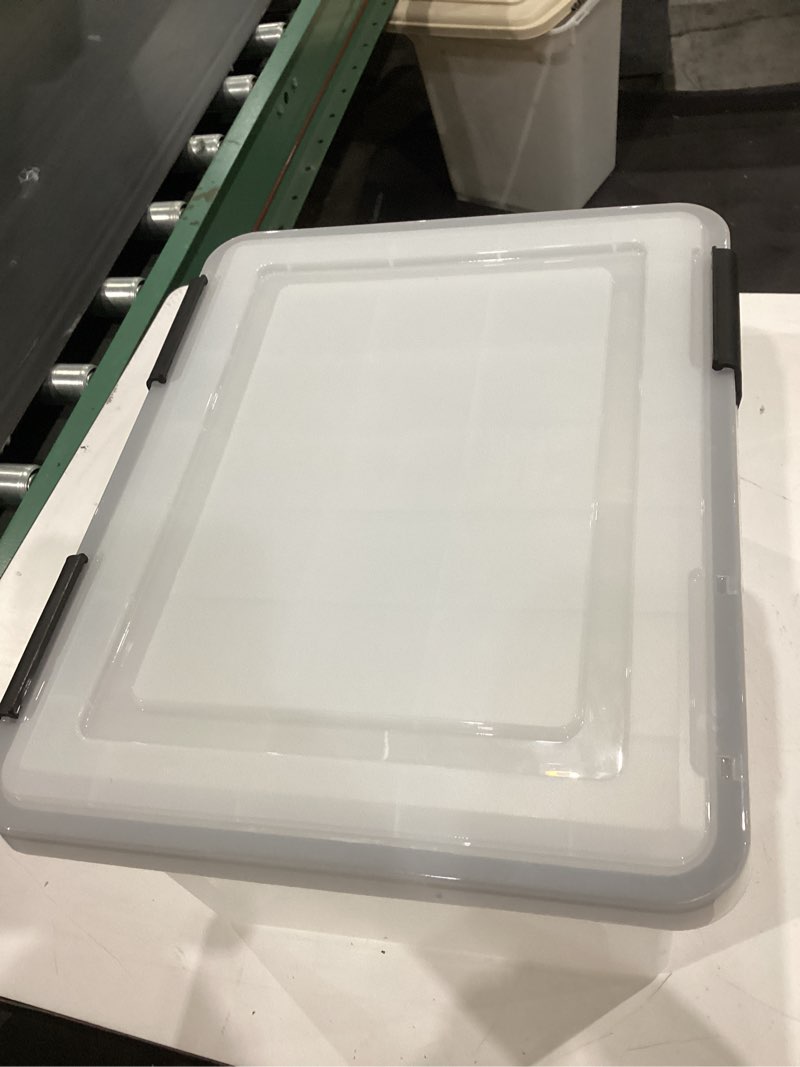 Condition photo showing As Is for iris usa file box weatherpro organizer plastic for letter/legal, water resistant document, durable lid, seal w/secure latching buckles, stackable, nestable, clear 32 qt. 1 pack weatherpro - 1 pack