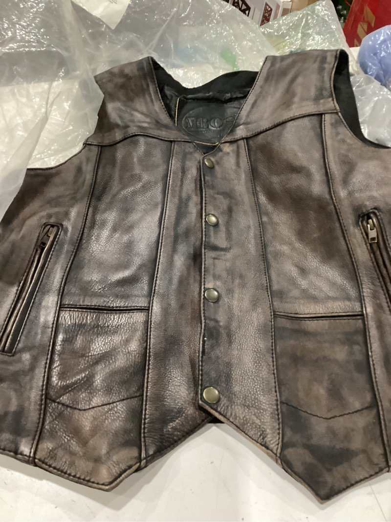 Condition photo showing Good Condition for m boss motorcycle apparel bos13501 men's distressed brown leather 10 pocket motorcycle vest w/ quick draw pocket