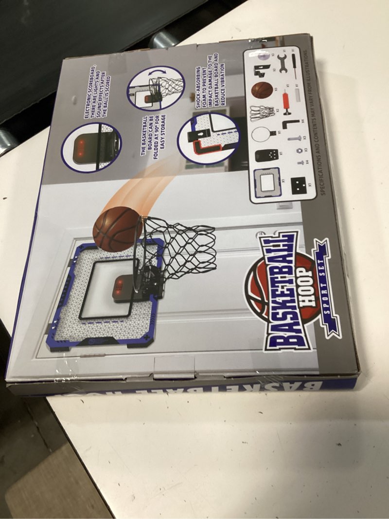 Condition photo showing New/Like New for indoor basketball hoop for kids age 5-10, with electronic scoreboard & 3 balls - over the door mini hoop for boys' birthday indoor basketball hoop-blue