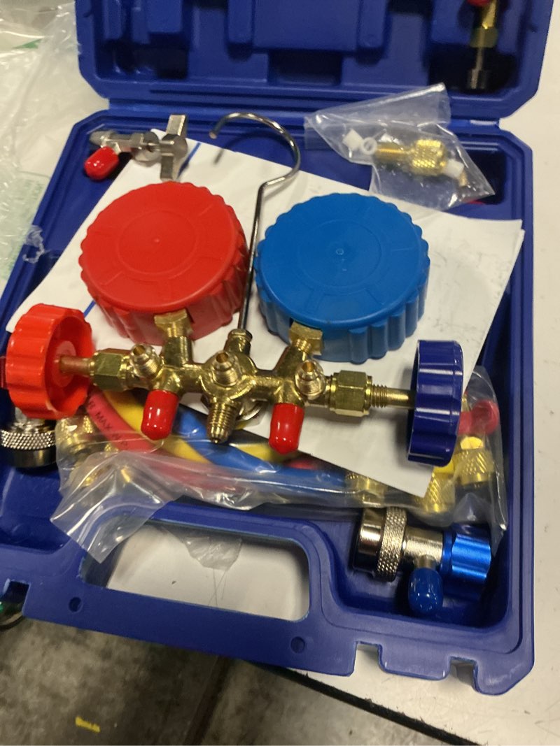 Condition photo showing Good Condition for orion motor tech ac gauge set, 3-way ac manifold gauge set for r12 r134a r502 r22 refrigerant with 5 ft. hoses, automotive a/c gauge with r134a couplers self-sealing & piercing can taps 29° adapter r134a r22 r12 r502