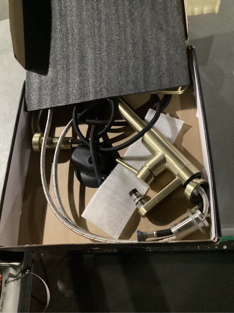 Condition photo showing Good Condition for moen weymouth brushed gold traditional shepherd's hook pulldown kitchen faucet featuring pull down spray head with power boost, s73004bg brushed gold standard
