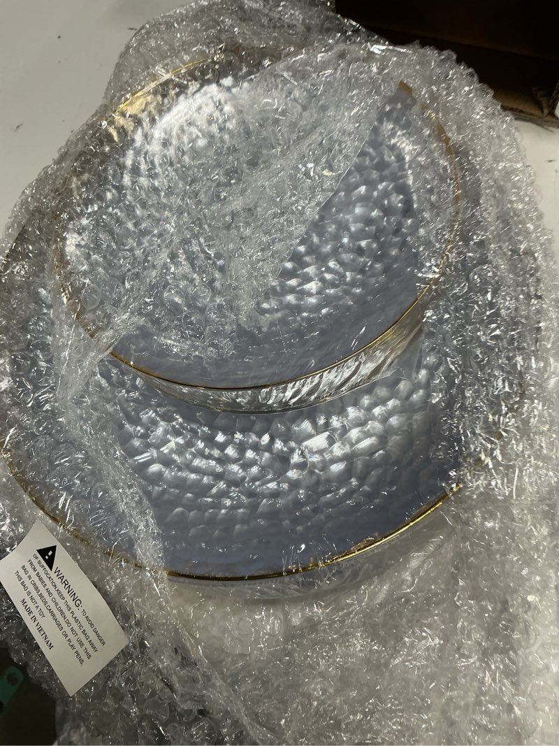 Condition photo showing New/Like New for rubtlamp 60pcs clear plastic plates,clear disposable plates with gold rim,heavy-duty gold plates,hammered party plates include 30clear dessert-platos,30dinner-platos for wedding, party clear gold