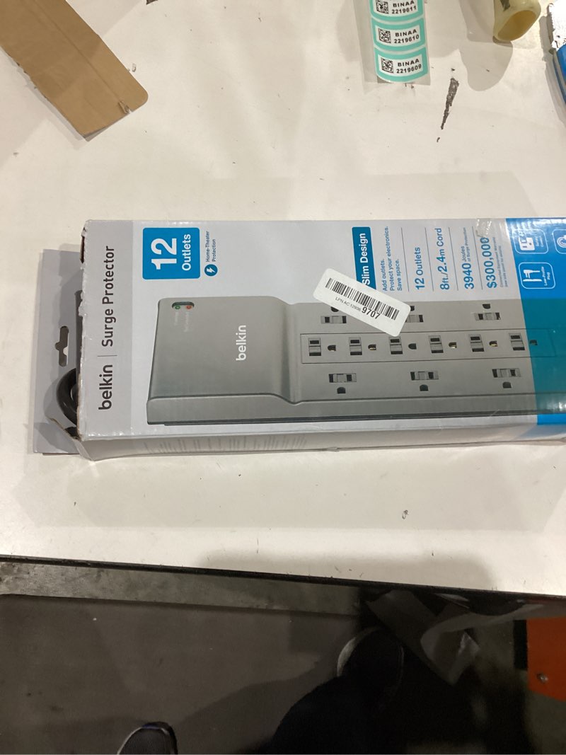 Condition photo showing Good Condition for belkin 12-outlet surge protector power strip w/ 12 ac outlets & 8ft flat plug, ul-listed heavy-duty extension cord for home, office, travel, computer, laptop, charger - 3,940 joules of protection 1 pack new version