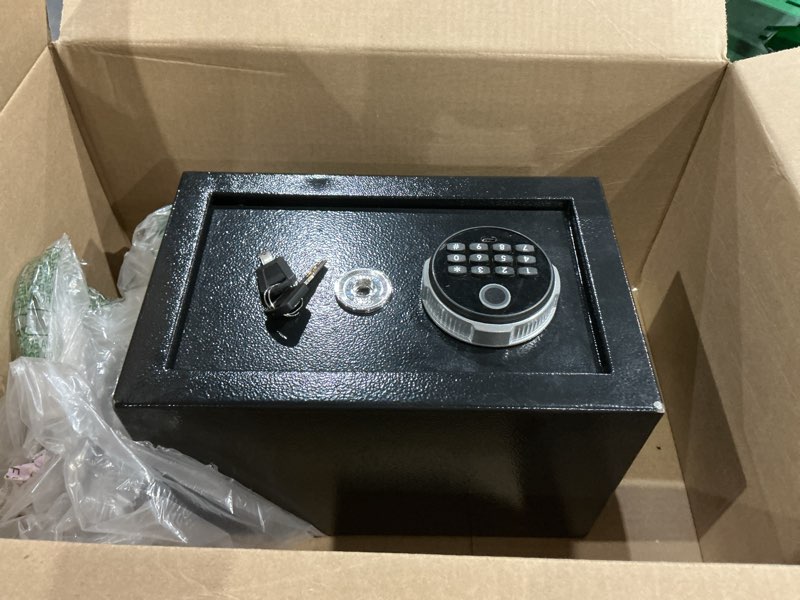 Condition photo showing As Is for small smart biometric safe box for home, mini home safes with anti-theft dual alerts, mute mode, digital security money safe for cash, jewelry, business(6.5"d x 7"w x 6.5"h without shelf) 0.5 cuft