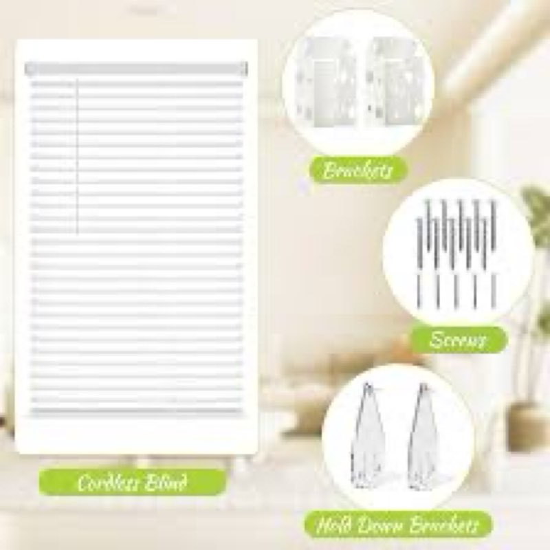 AURILOFT No Tools No Drill Cordless Mini Blinds 35" Wx 36" H, 1" L-Shaped Blades, Horizontal Vinyl B