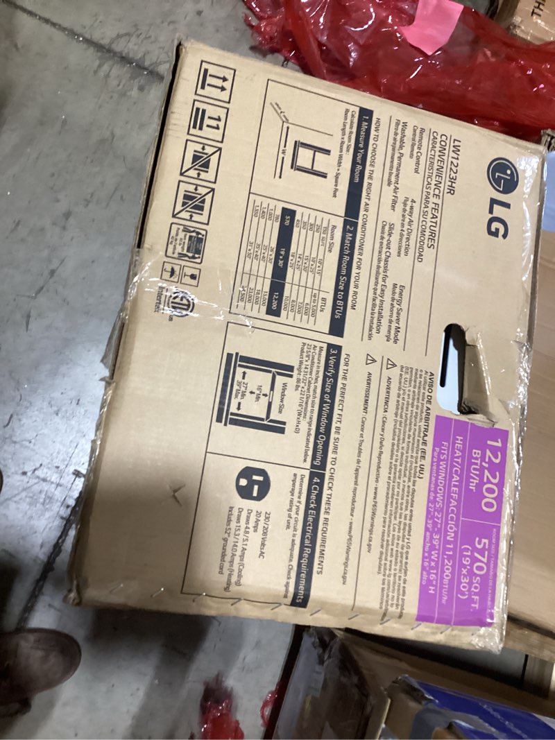 Condition photo showing As Is for lg 12,200 btu window air conditioner with supplemental heat, 230/208v, cools 570 sq.ft. (19' x 30' room size), electronic controls with remote, 2 cooling, heating & fan speeds, slide in-out chassis bright white 12000 btu electronic 230v