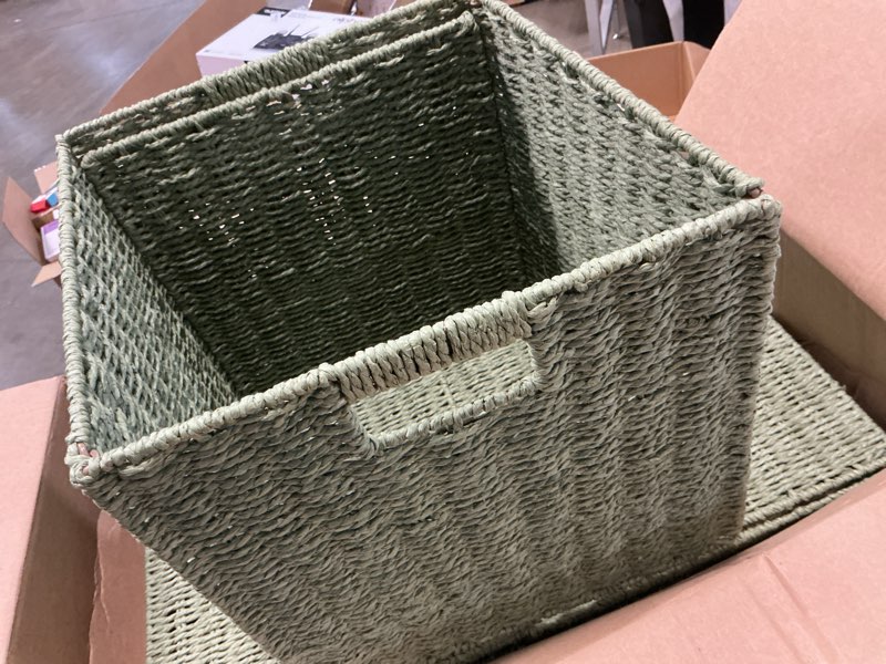 Condition photo showing Good Condition for handwoven paper woven cube basket organizer with handles set of 4 foldable storage baskets for bedroom living room cubby storage units for clothes books toys (green, 13" l x 13" w x 13" h) green 13" l x 13" w x 13" h