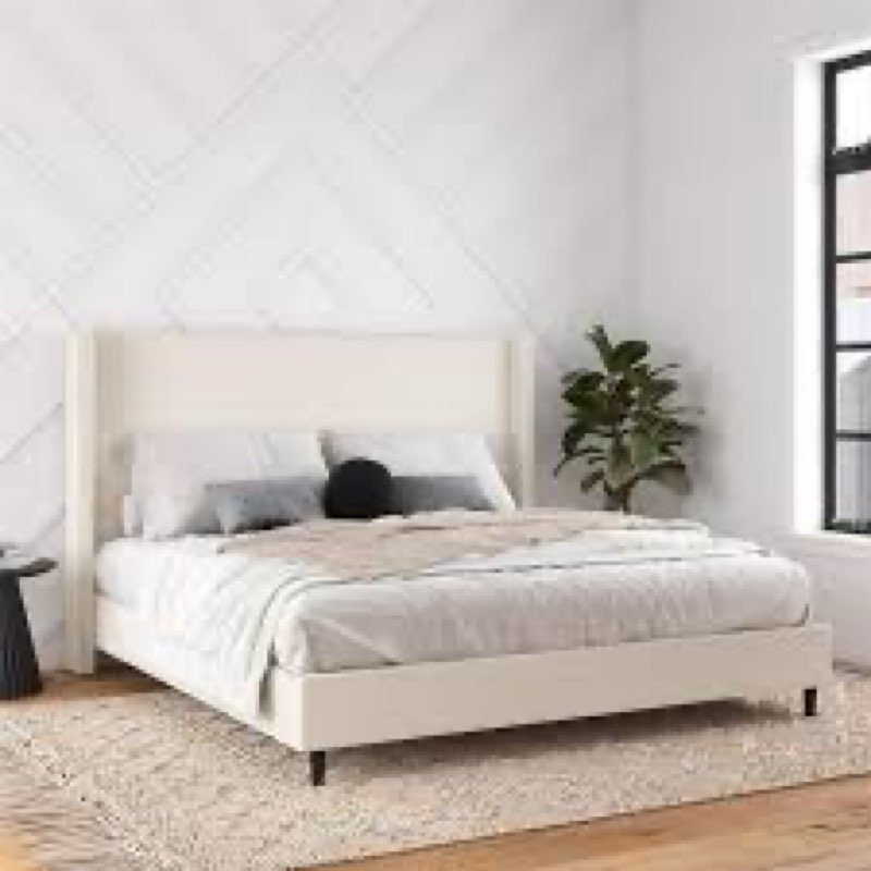 (incomplete (box 2 of 2) )eveline upholstered platform bed frame with high wingback headboard, king, ivory corduroy 