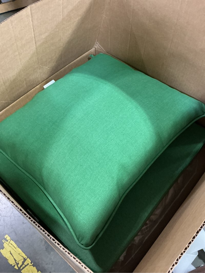 Condition photo showing Good Condition for arden outdoor foam deep seat cushion set, 22 in x 24 in, weather-proof, rain-proof, fade resistant patio cushion, bottom and back cushion for chair, sofa, and couch bright moss green leala certi-pur foam bright moss green leala 1 pack
