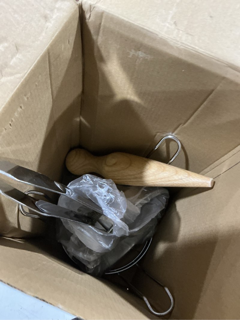 Condition photo showing Good Condition for feekoon stainless steel chinois strainer with stand and wooden pestle set, china cap strainer for tomato, berry, fruit, egg, soup and other canning jam making supplies, 15.35 x 7.67 x 7.28 inch