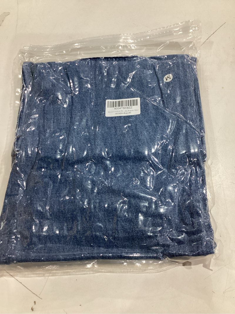 Condition photo showing New/Like New for Women's Pull-On Wide Leg Jeans, Elastic Waist Drawstring Denim Pants with Pockets, Straight-Leg Casual Jeans medium Blue