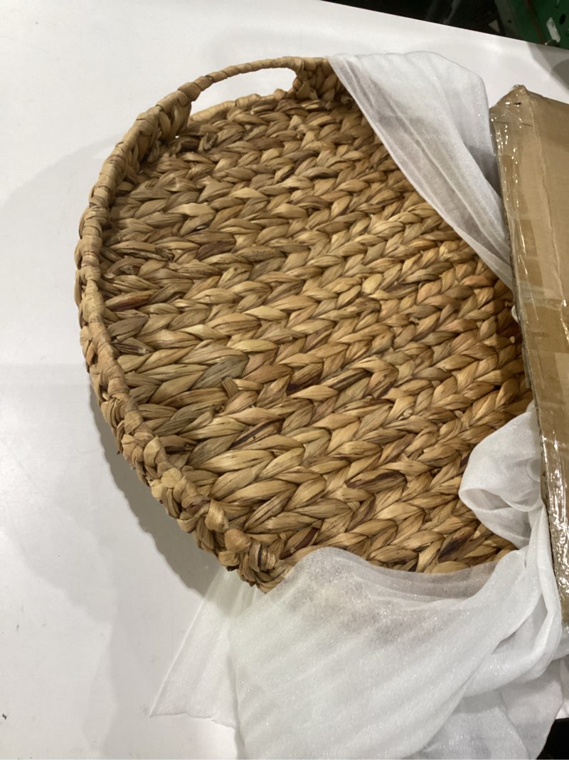 Condition photo showing New/Like New for round extra large ottoman table tray 19.7" with handles - water hyacinth wicker serving tray for farmhouse decorative oversized coffee table trays living room kitchen counter breakfast (flush edge)