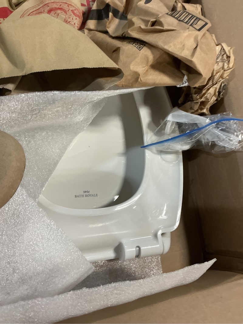 Condition photo showing As Is for bath royale slow close toilet seat br501-00 white elongated, stain-resistant and easy to keep clean, heavy duty fits all toilet brands, executive series elongated white