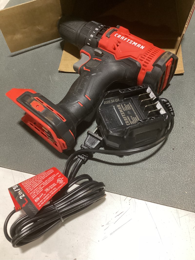 Condition photo showing As Is for craftsman v20 cordless drill/driver kit, 1/2 inch, battery and charger included (cmcd700c1) 20v max drill kit