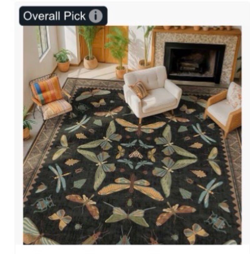 Hazo Haus Black Washable Insect Area Rugs 8x10 for Living Room, Bedroom, Dining Room Under Table, Pl