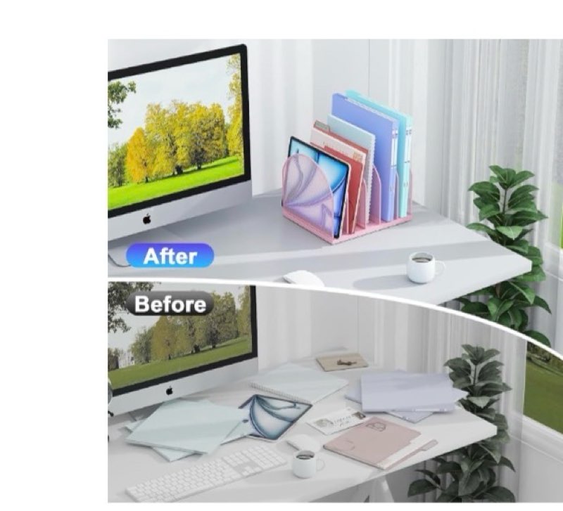 Delifox Inclined Desk File Organizer,Vertical File Folder Holder Stand Metal Rack File Sorter for Office Classroom Desktop Organization (1, Pink, 3)